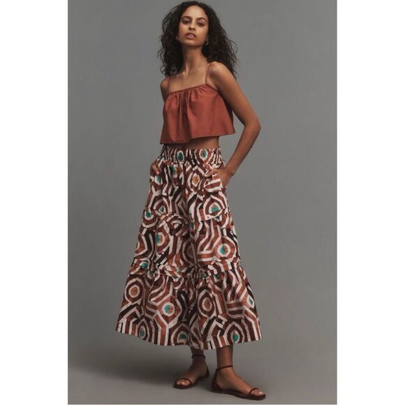 NEW Anthropologie Somerset Smocked Waist Tiered Pocket A-Line Maxi Skirt Large - Picture 1 of 5